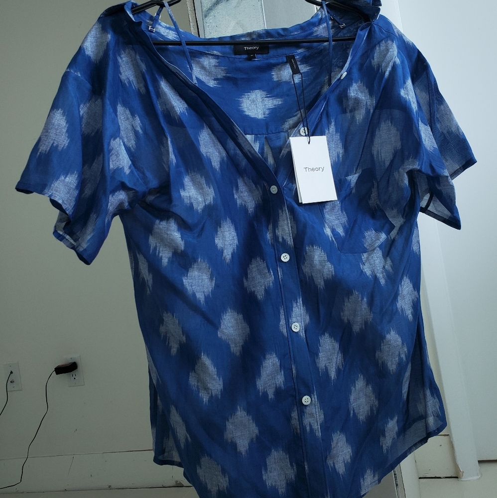 THEORY geometric print off shoulder blouse